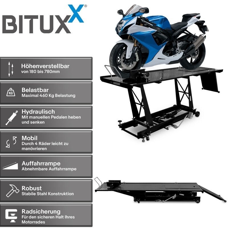 Hydraulický zvedák na motocykl Bituxx 460 kg černý, centrální M19722